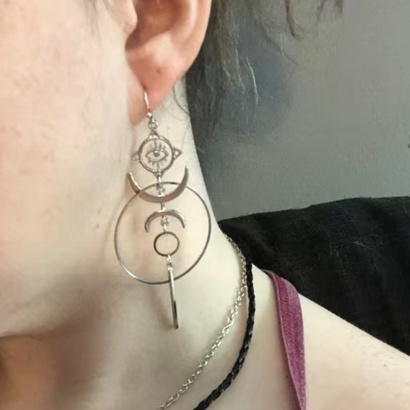 Silver Exaggerated Evil Eye Vintage Moon Punk Statement Geometric Earrings - Picture 9 of 9